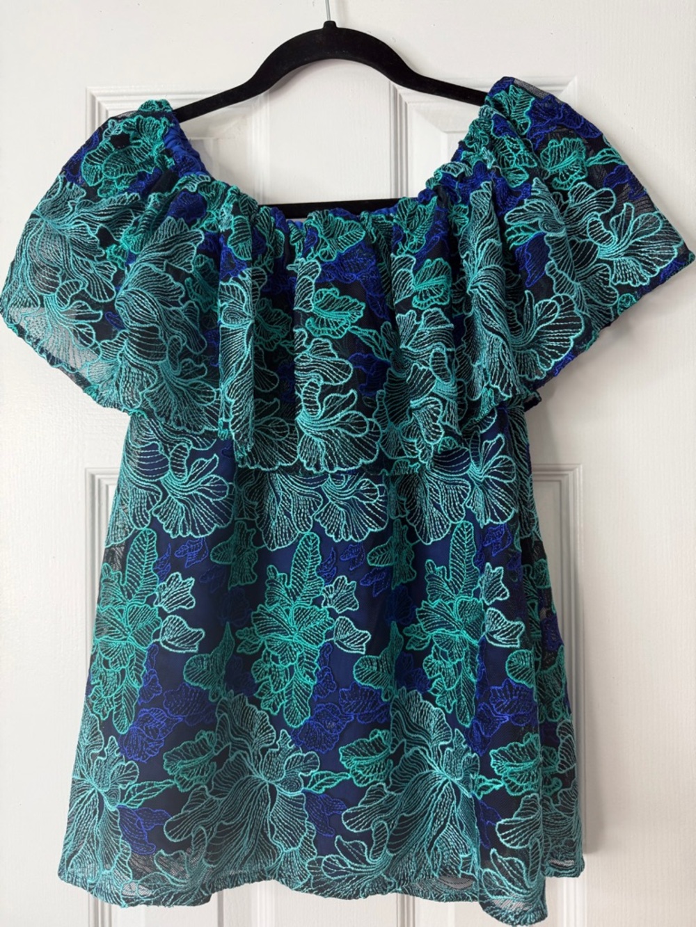 NWT Trina Turk Off-Shoulder Wisdom Top in Teal & Navy